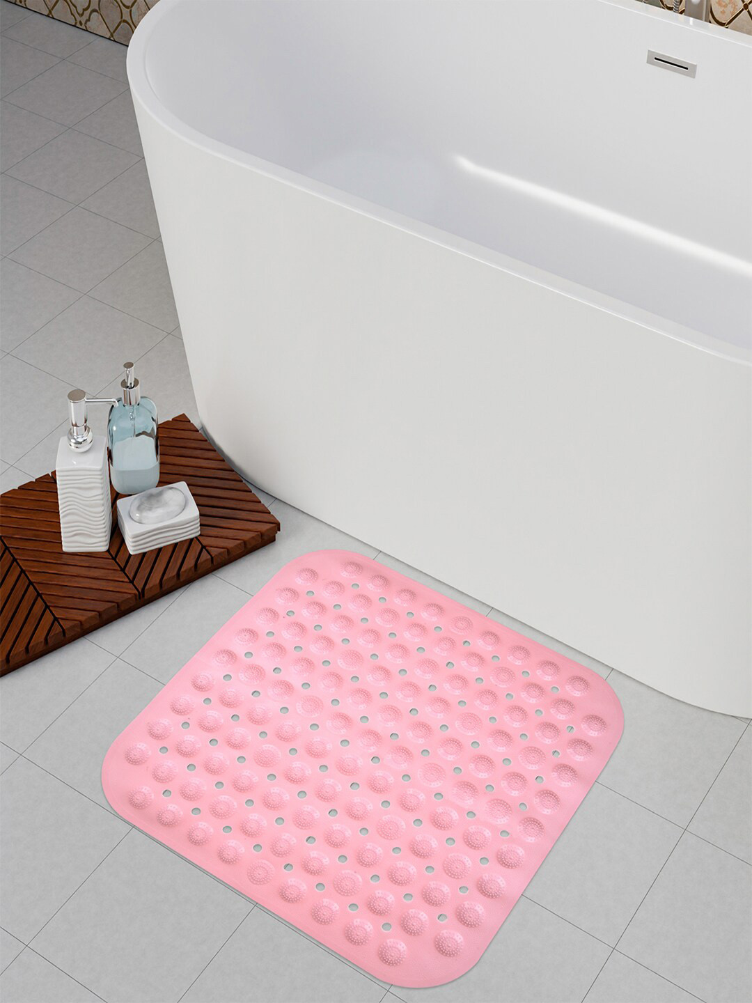 Kuber Industries 2-Pcs Peach Textured Square Bathroom Mat