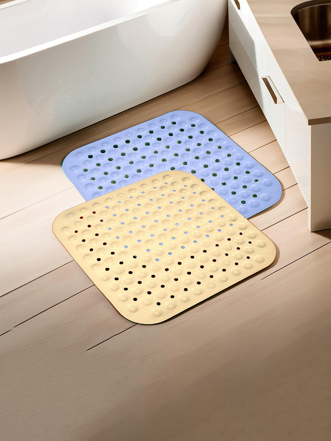 Kuber Industries 2-Pcs Blue & Cream Textured Square Bathroom Mat