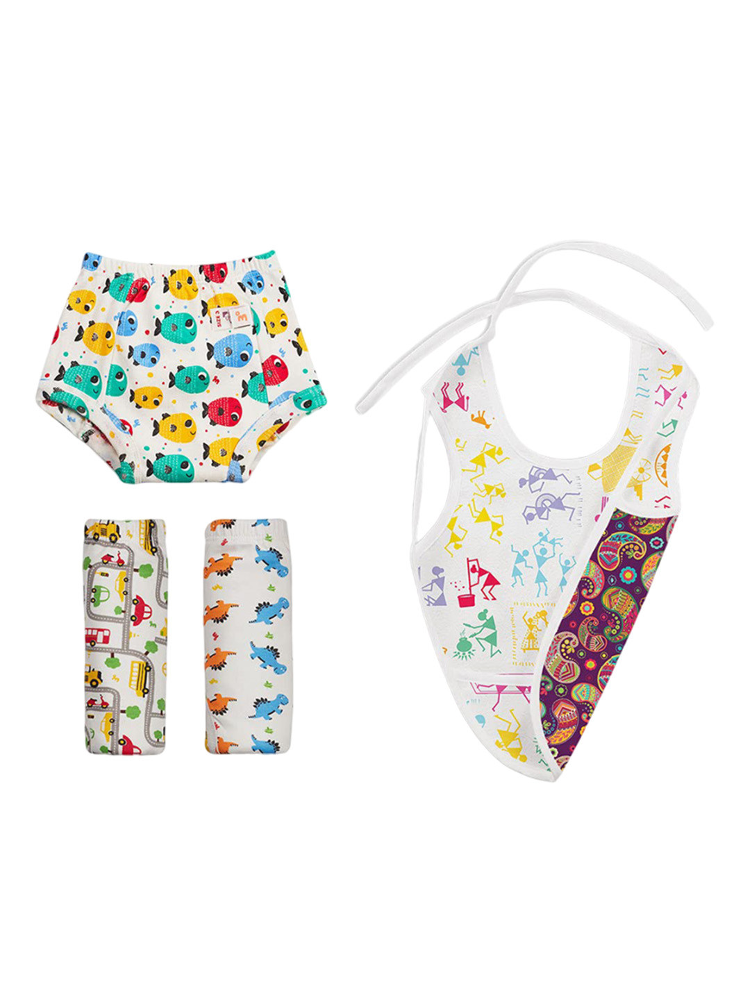 SuperBottoms Set of 3 Padded Underwear & 1 Waterproof Cloth Bib - Multicolored