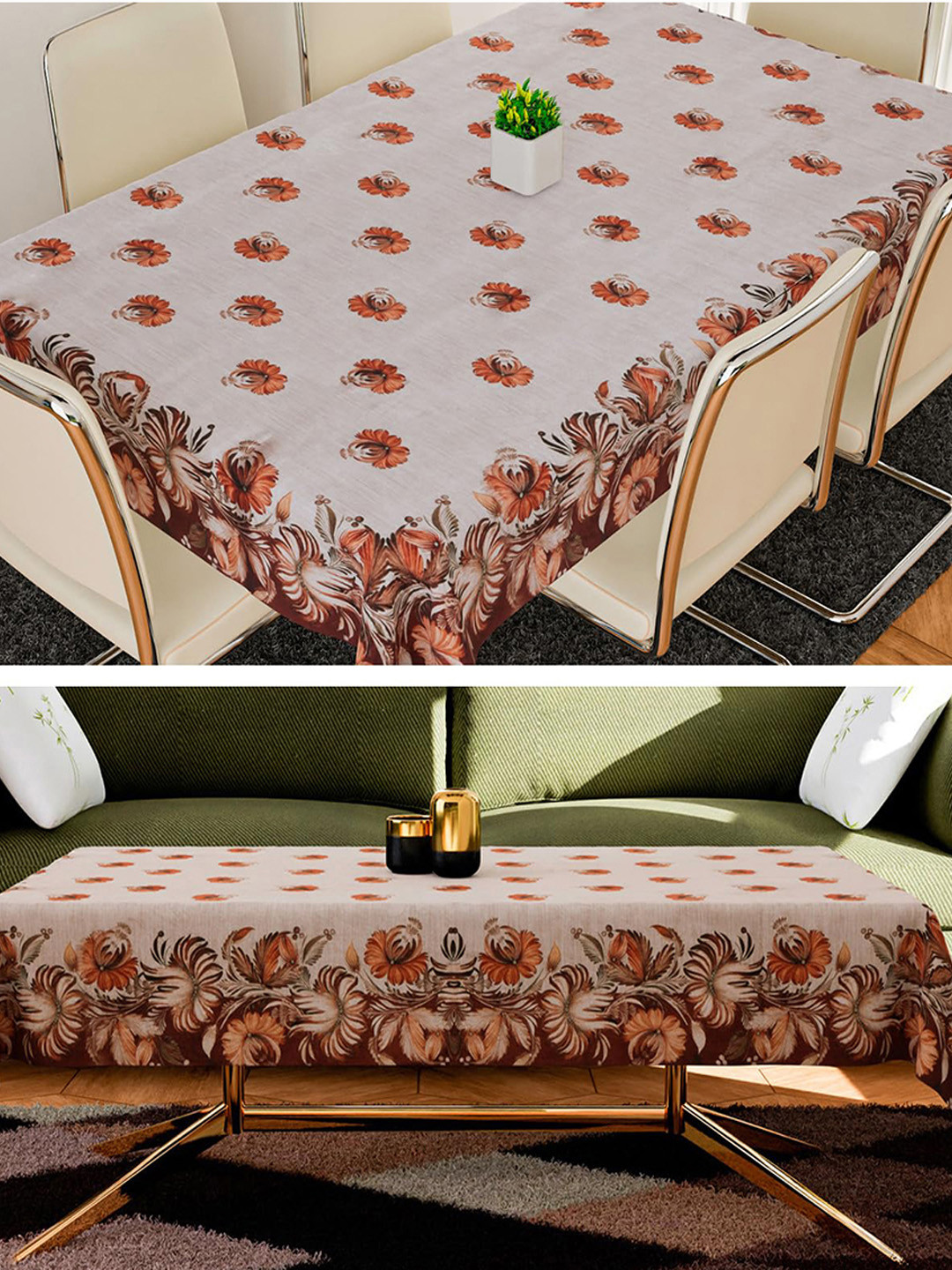 Kuber Industries Cream & Orange 2 Pcs 6-Seater Table Cover