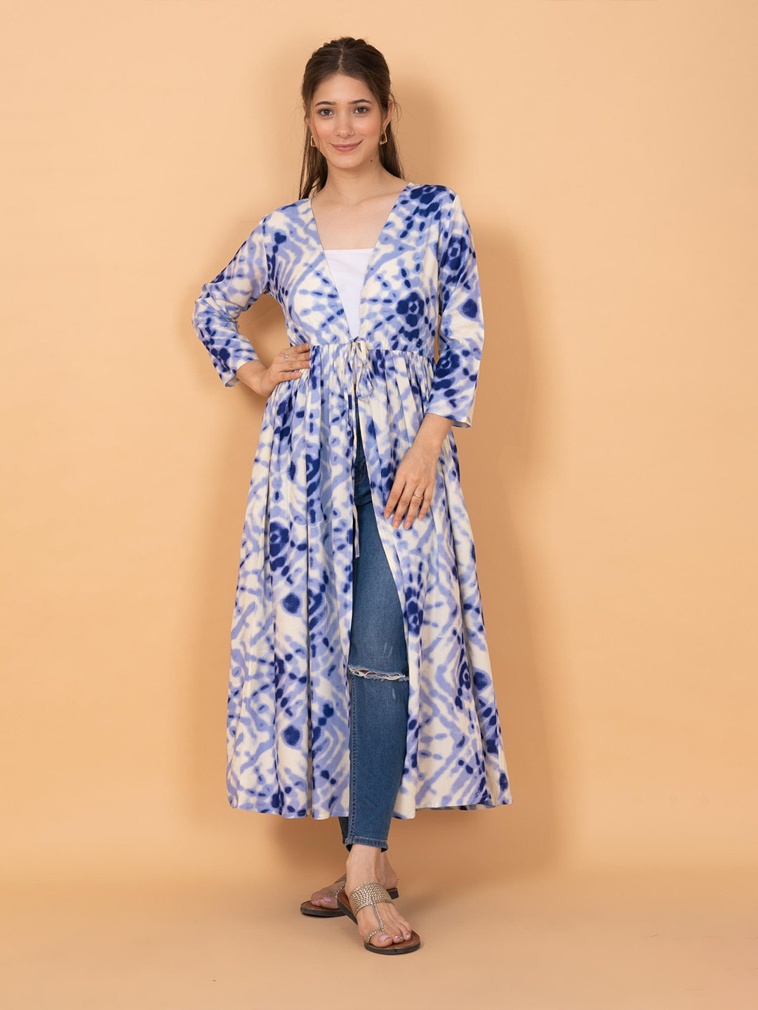 DAEVISH Tie-Dye Printed Longline Open Front Shrug