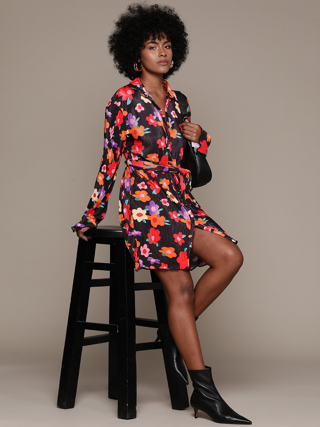 bebe Floral Print Accordion Pleated Satin Shirt Dress with Belt