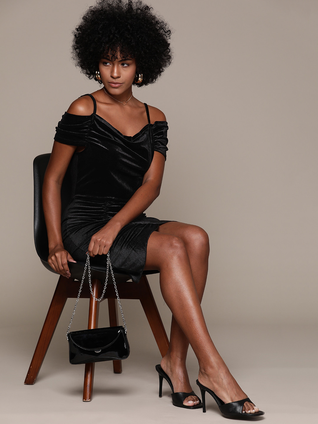 bebe Future Glam Cold-Shoulder Sleeves Ruched Velvet Sheath Dress