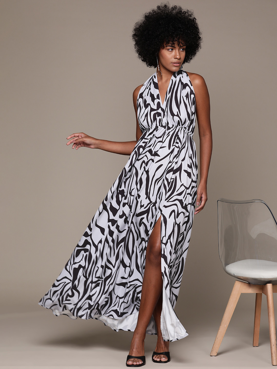 bebe Future Glam Animal Print Halter Neck Open Back Maxi Dress