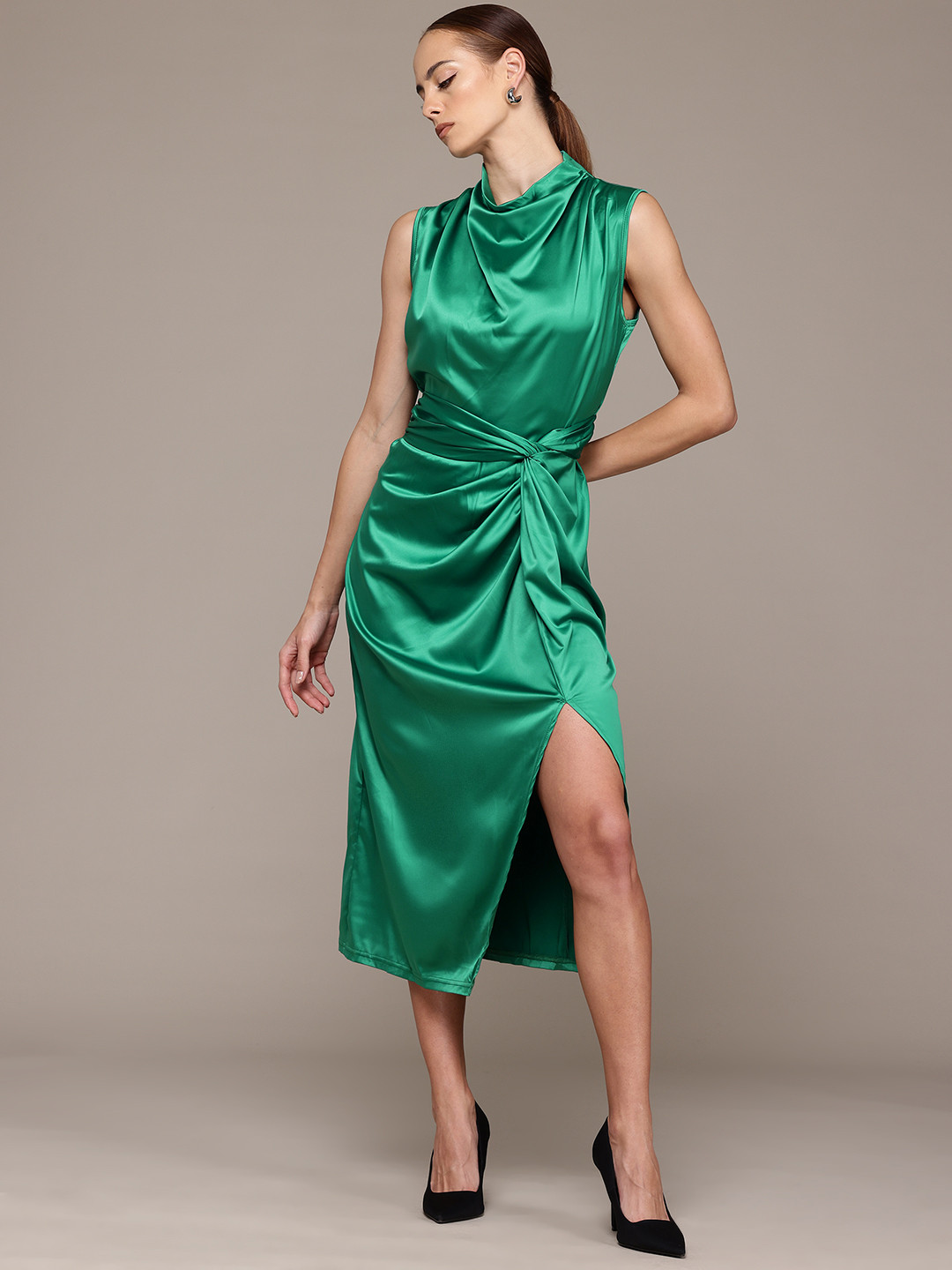 bebe Future Glam Tie-Up Satin Finish Slit Midi Sheath Dress