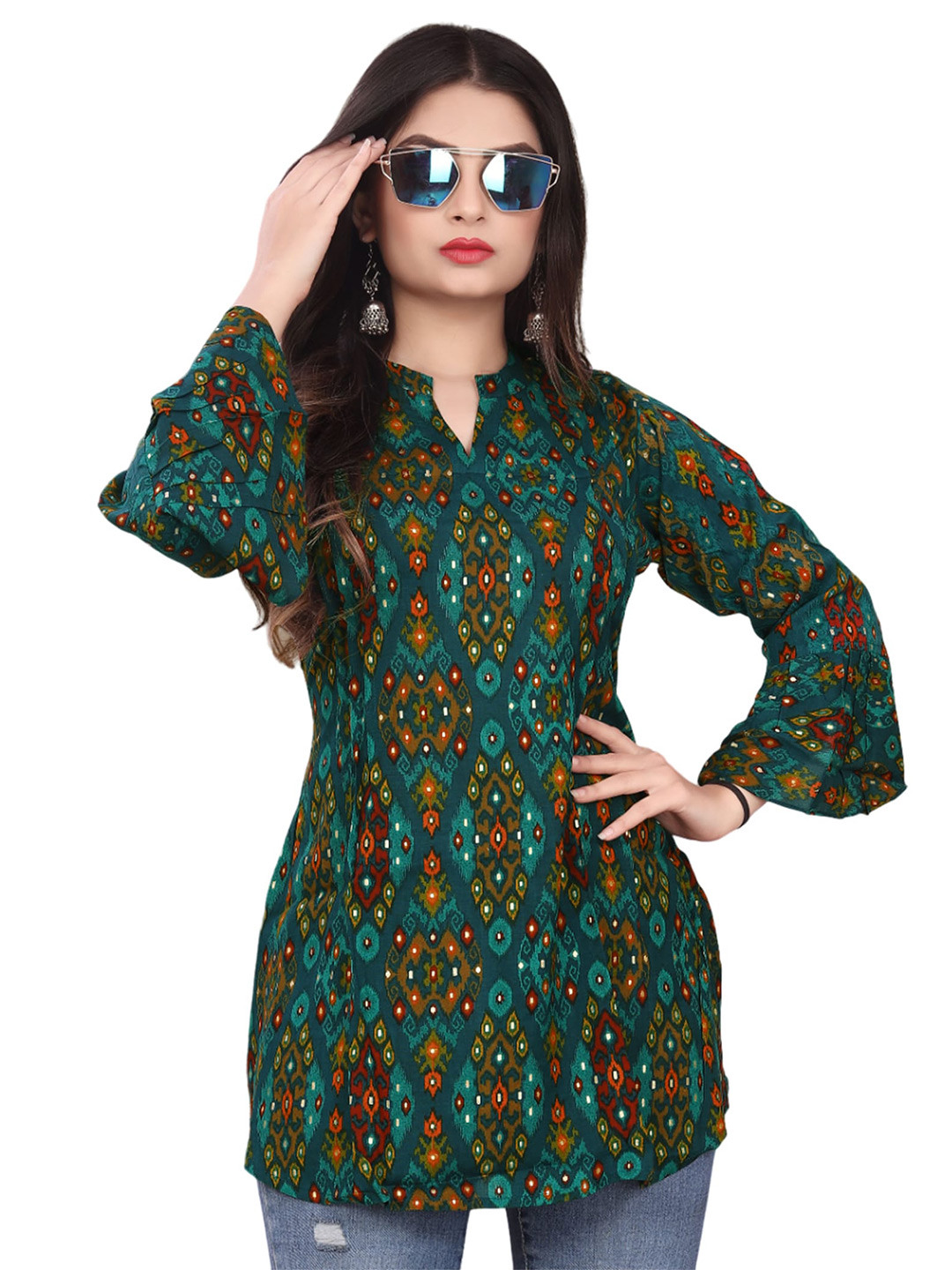 PRANSHUL APPARELS Floral Print Mandarin Collar Flared Sleeve Top