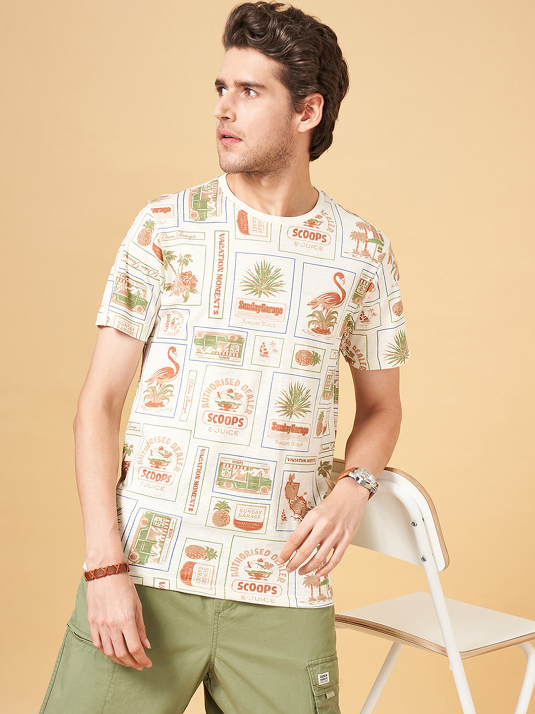 Urban Ranger by pantaloons Men Printed Mandarin Collar Applique Slim Fit T-shirt