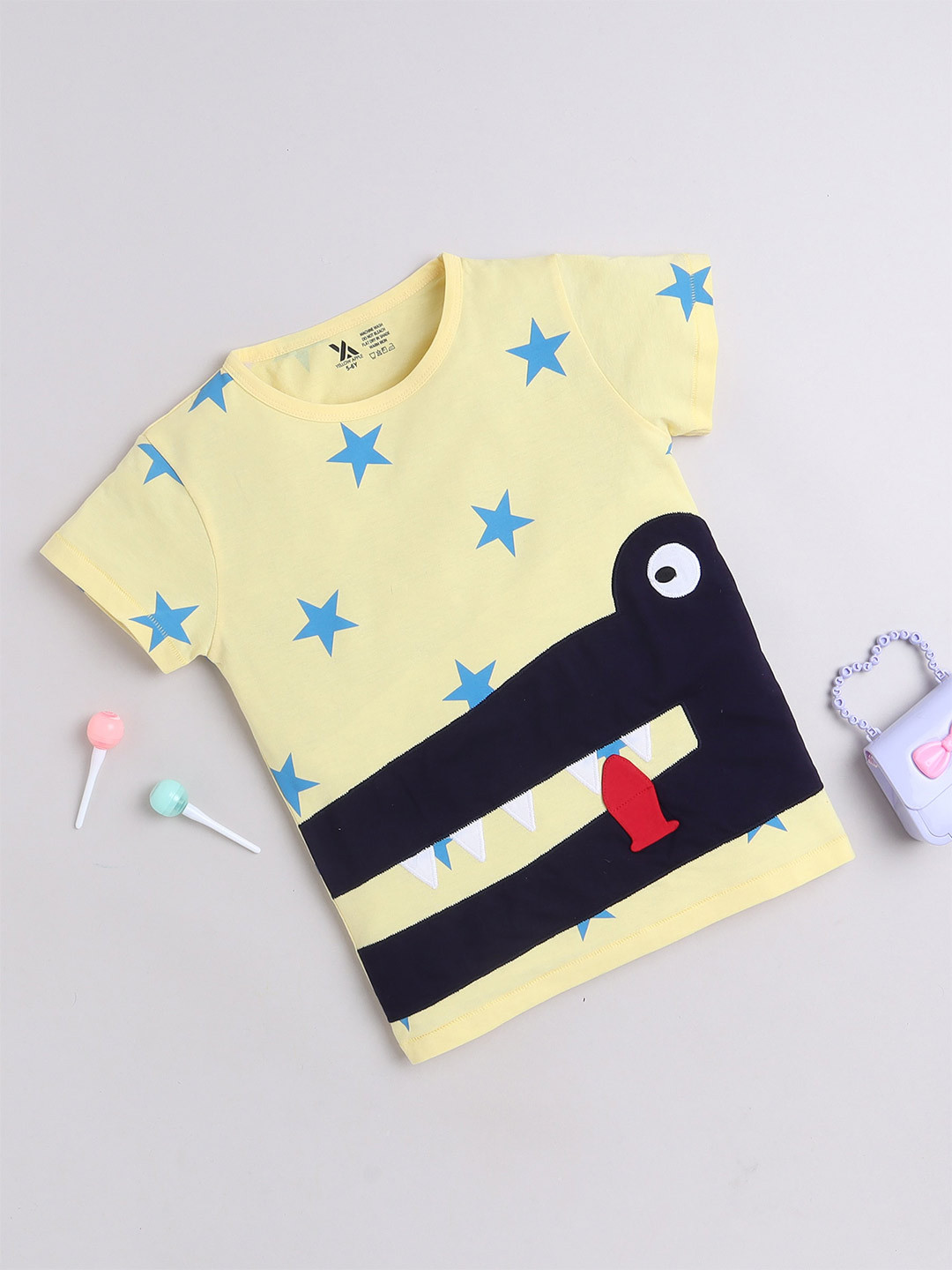 Yellow Apple Boys Printed Applique T-shirt