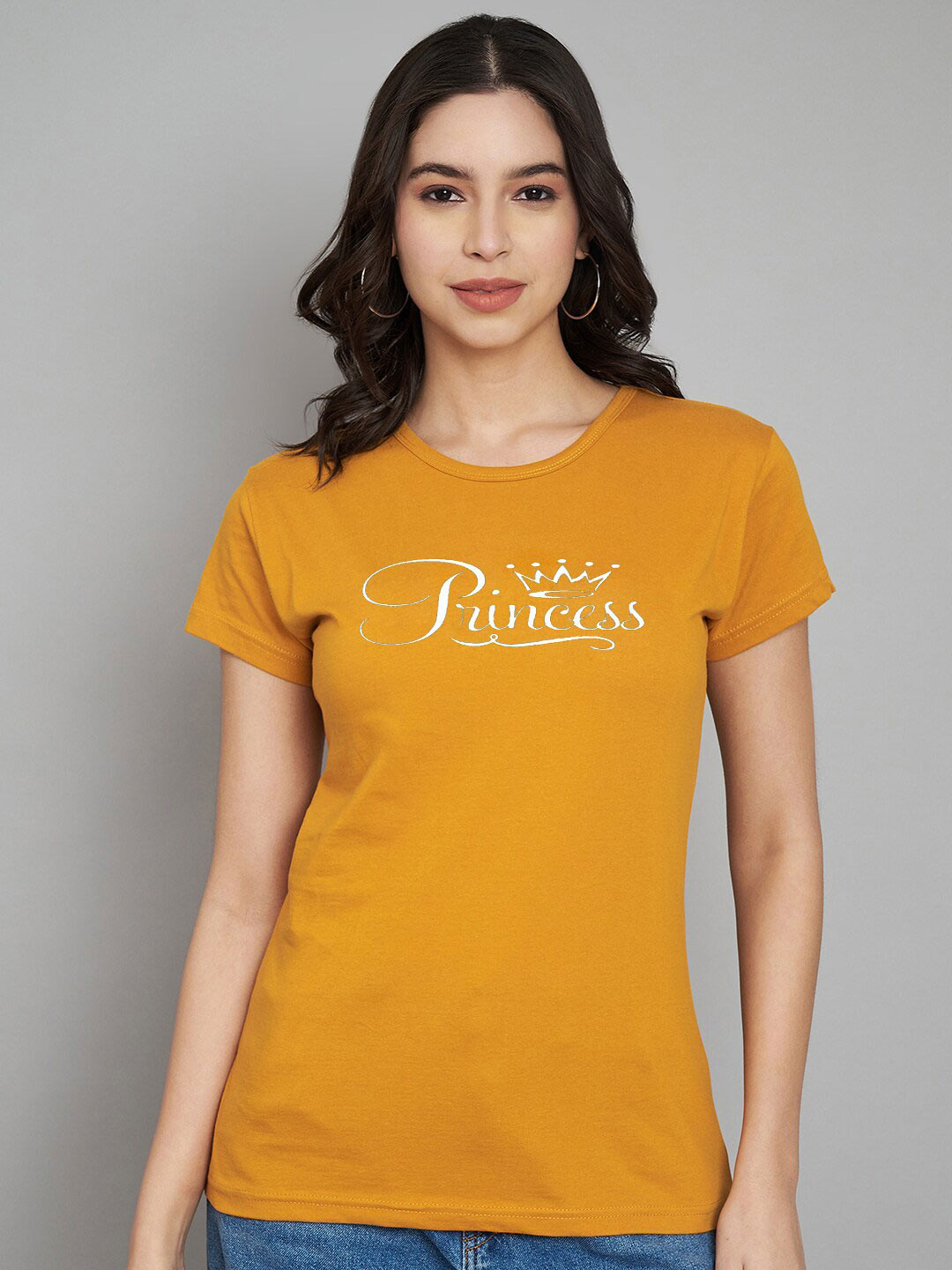 Mustard Yellow Women Typography Round Neck T-shirt