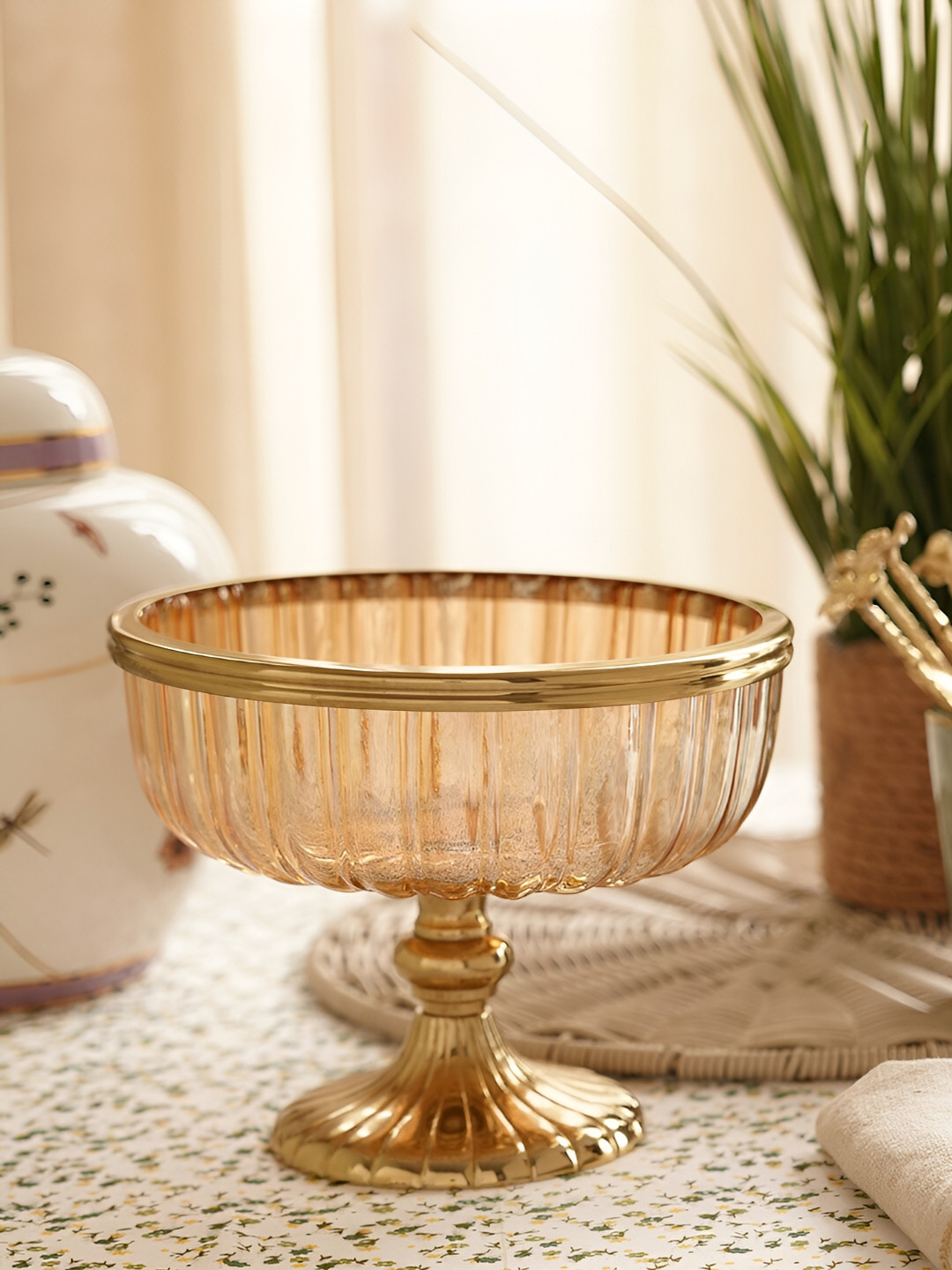 Pure Home and Living Decorative Bowl with Stand Gold Metal Metallic Living Room Small Showpiece - 6.3 Inches