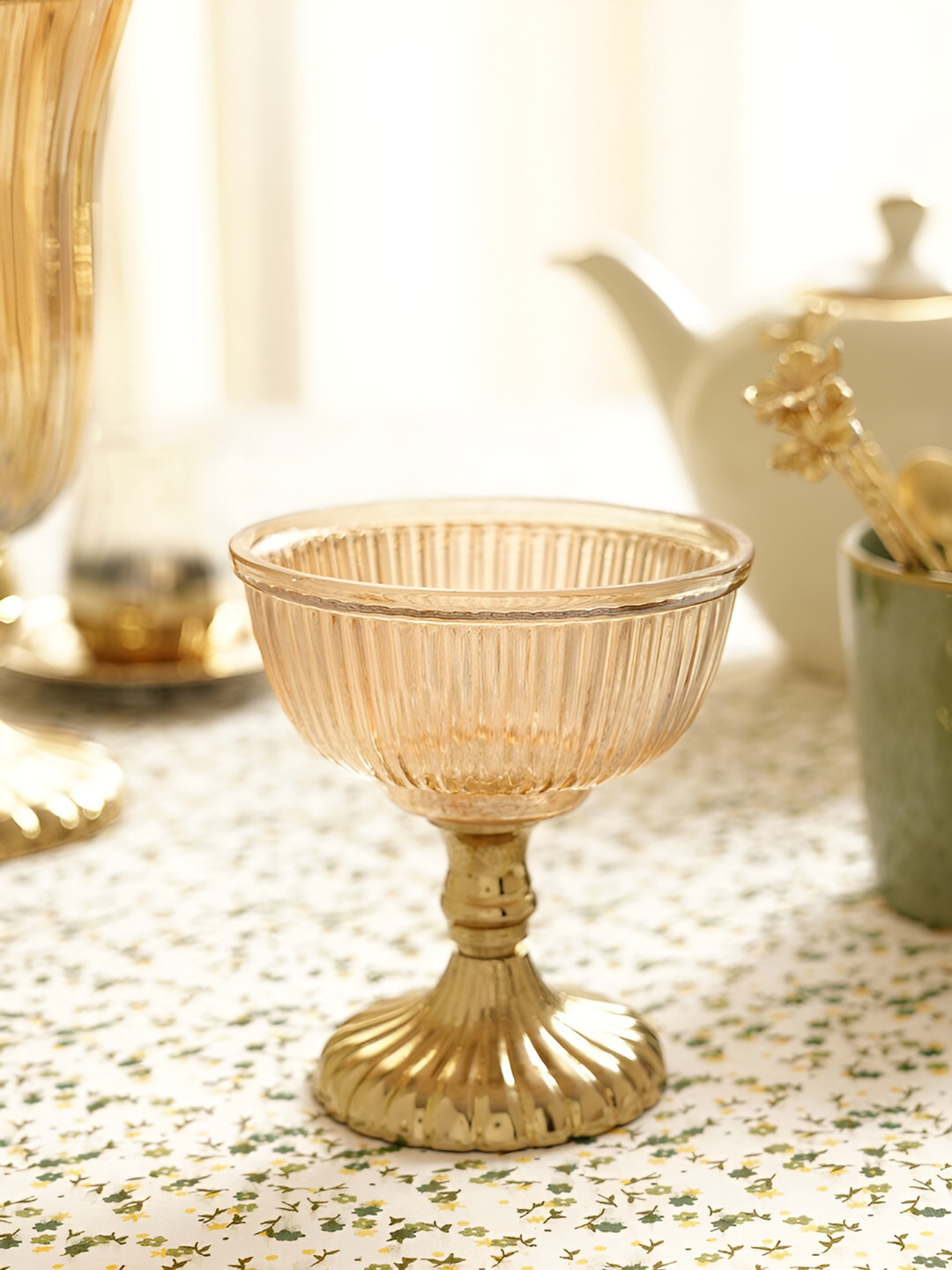 Pure Home and Living Ribbed Decorative Cup with Stand Gold Metal Metallic Living Room Small Showpiece - 5.1 Inches