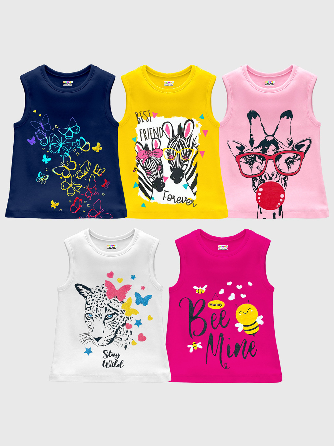 KUCHIPOO Girls Pack Of 5 Graphic Printed Sleeveless T-shirts