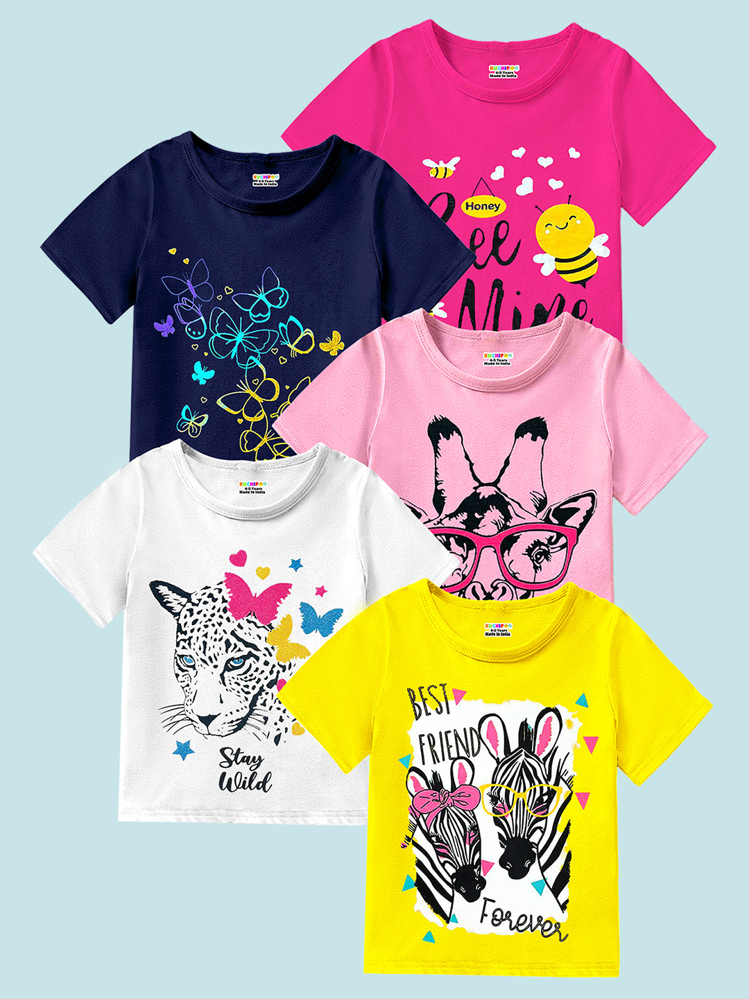 KUCHIPOO Girls Pack Of 5 Printed Puff Sleeves T-shirts
