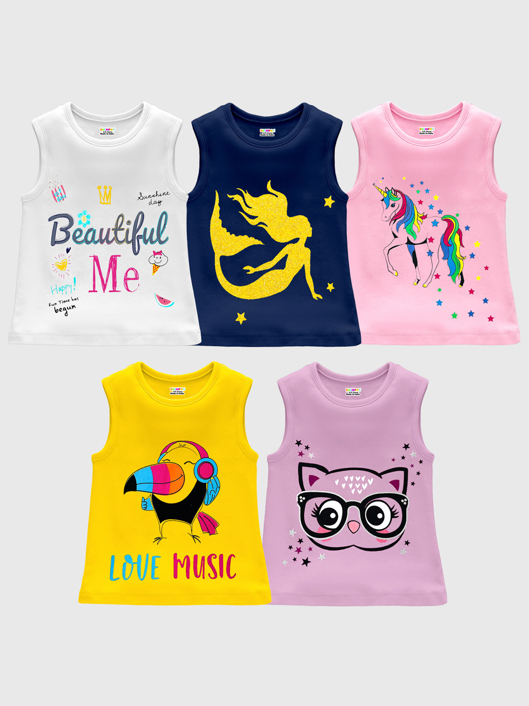 KUCHIPOO Girls Pack Of 5 Graphic Printed Sleeveless T-shirts