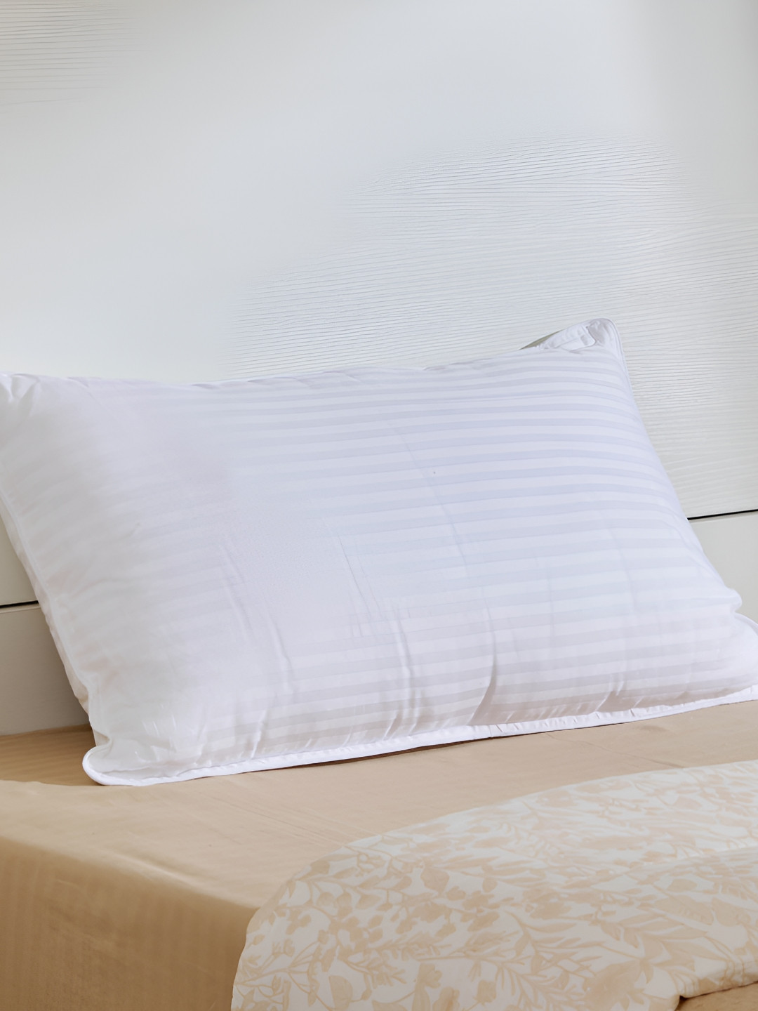 Home Centre White Striped Cotton Medium Sleep Pillow-15 x 40 x 68 cm