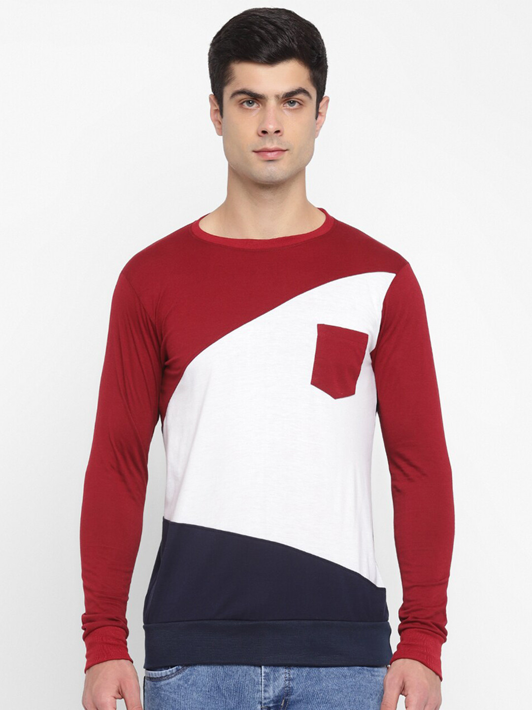 Bukkl Colourblocked Cotton Round Neck Long Sleeves Pockets Slim Fit Casual T-shirt