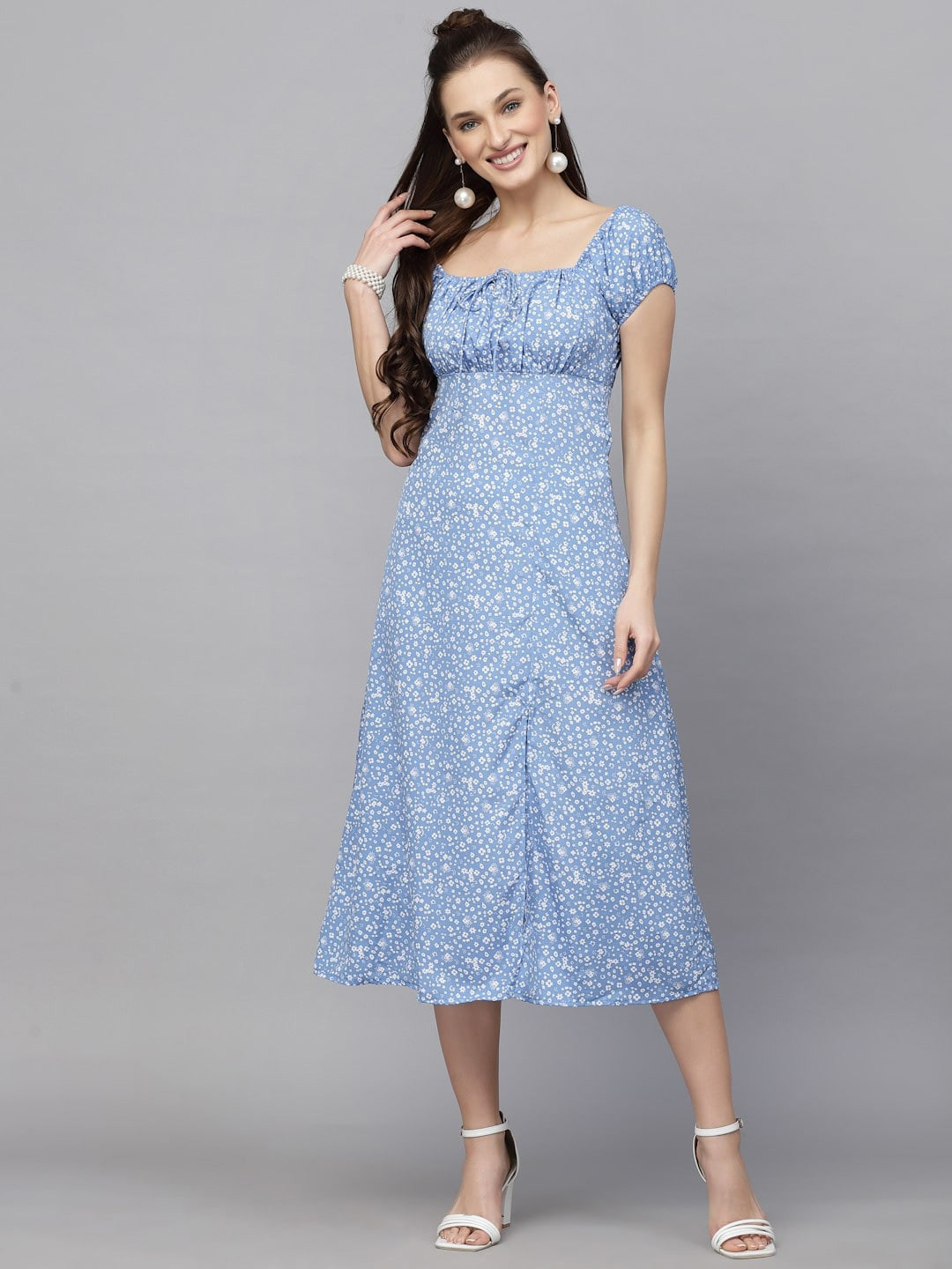 Fab Star Floral Printed Crepe A-Line Midi Dress