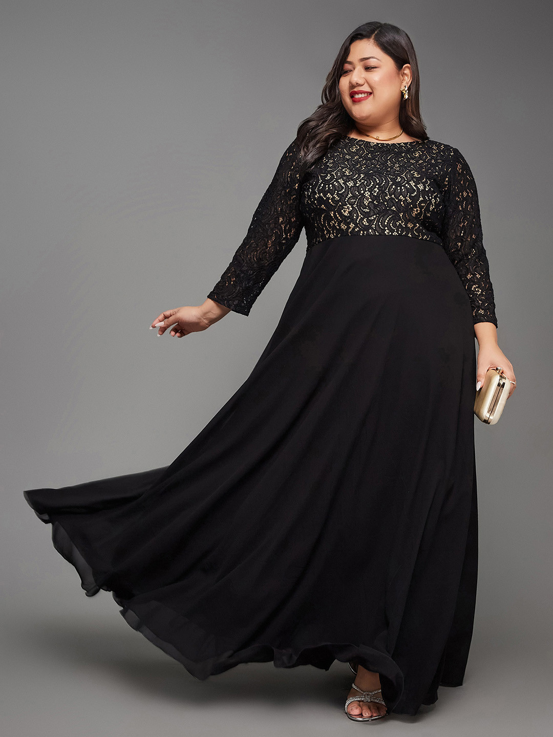 Miss Chase A+ Plus Size Self Deign Lace Inserts Georgette Maxi Dress
