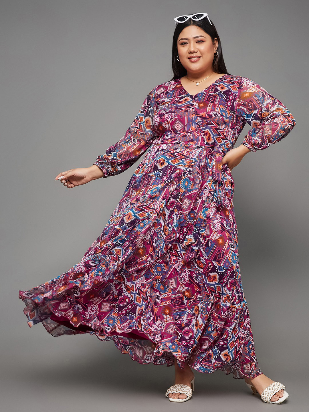 Miss Chase A+ Plus Size Geometric Printed V-Neck Puff Sleeve Tie Up Chiffon Wrap Dress