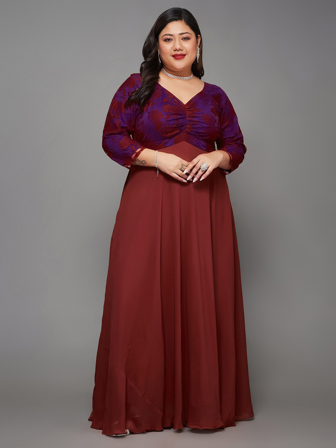 Miss Chase A+ Plus Size Sweet Heart Neck Self Design Fit & Flare Maxi Dress