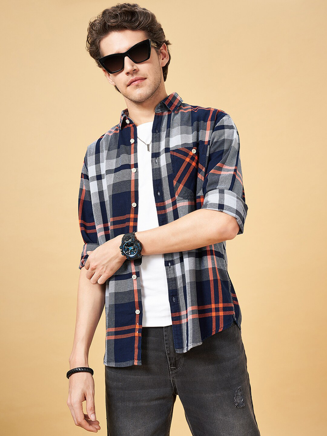 SF JEANS by Pantaloons Spread Collar Long Sleeves Slim Fit Checked Casual Shirt