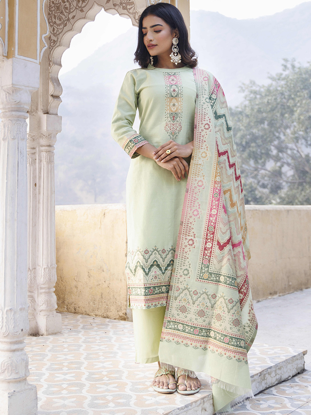 KIDAR Women Floral Yoke Design Regular Pure Cotton Kurta with Salwar & With Dupatta