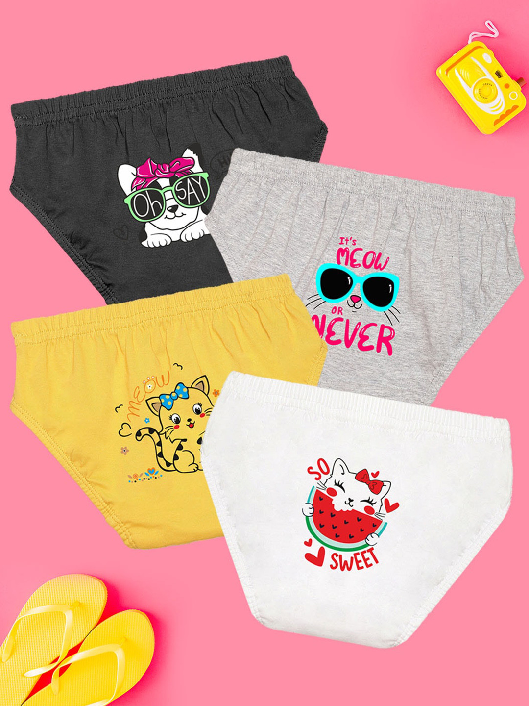 NUSYL Girls Pack Of 4 Cat Printed Pure Cotton Briefs NUGCBRFPO4.0001