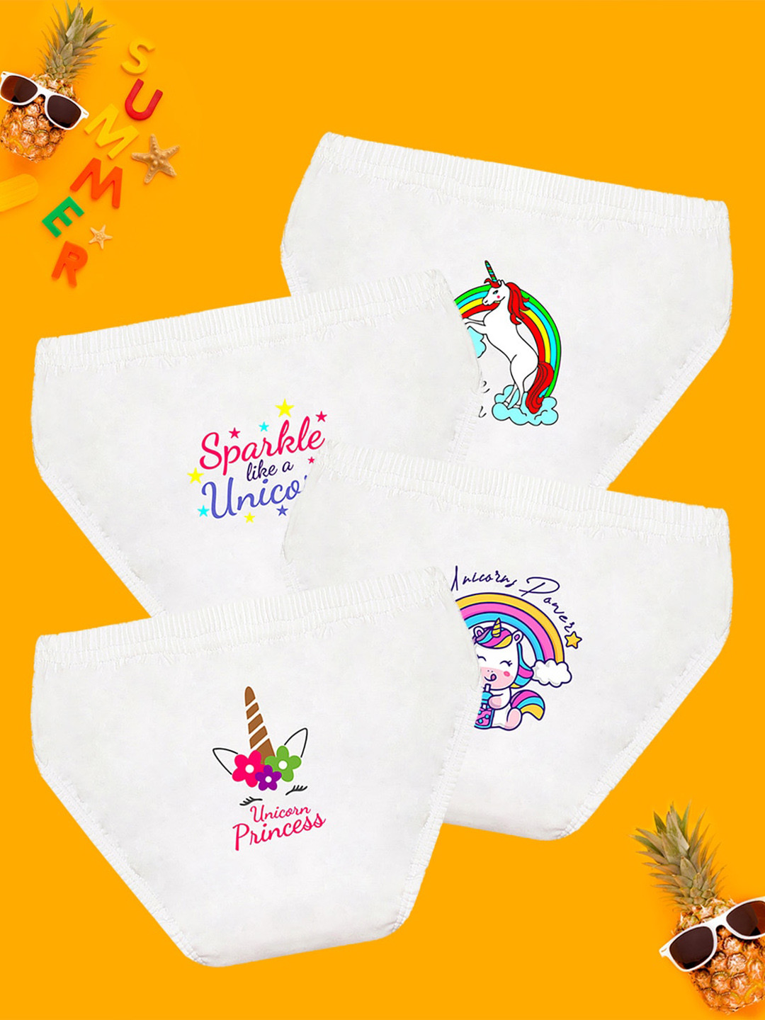 NUSYL Girls Pack Of 4 Unicorn Printed Pure Cotton Briefs NUGCBRFPO4.0008