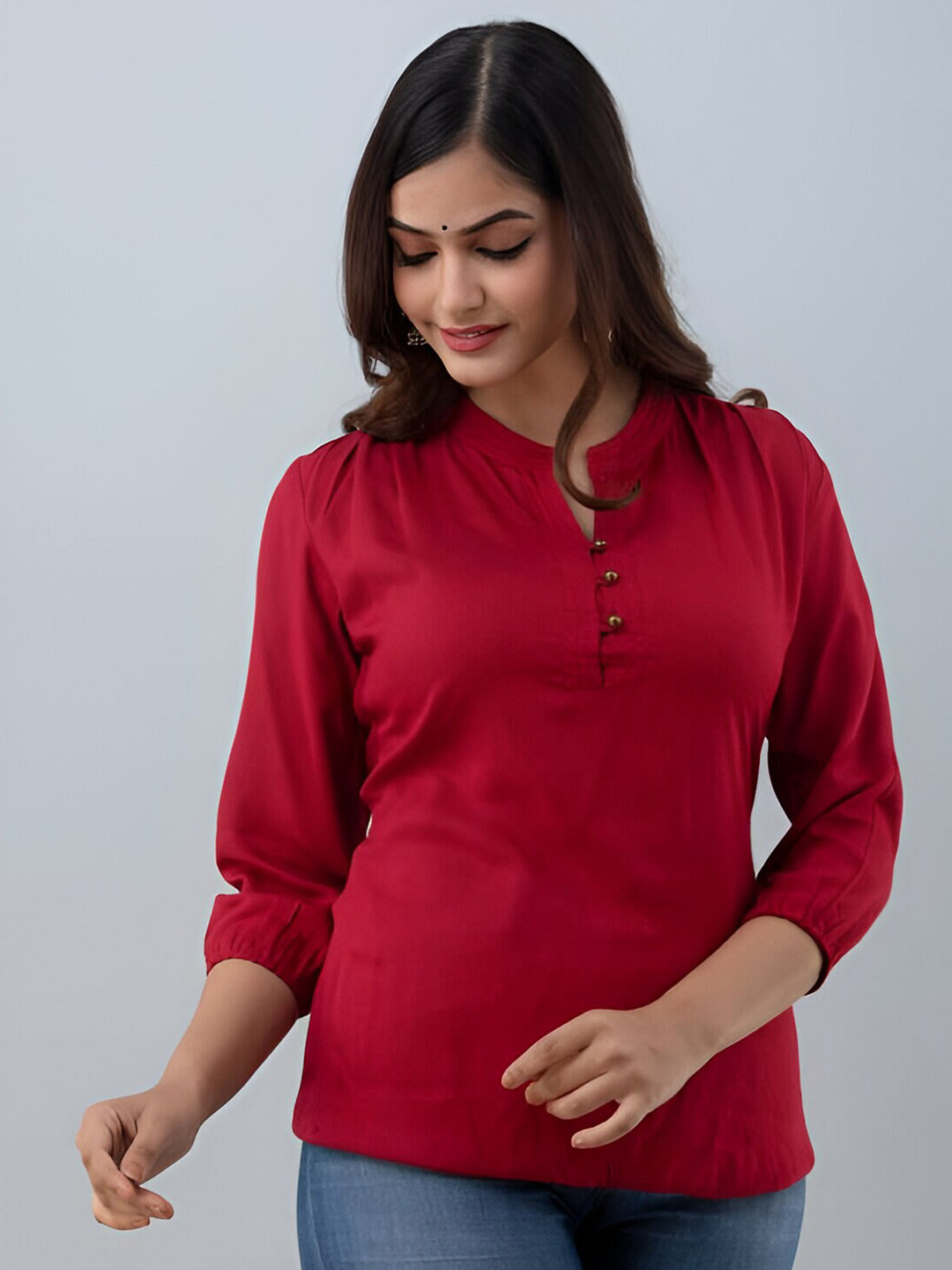 Fab Star Maroon V-Neck Puff Sleeve Regular Top