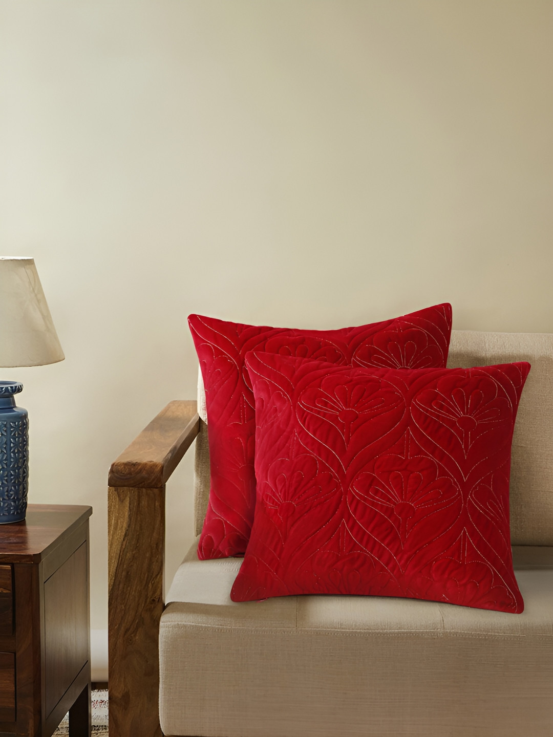 Aura Red & Gold-Toned Set of 2 Floral Velvet Square Cushion Covers