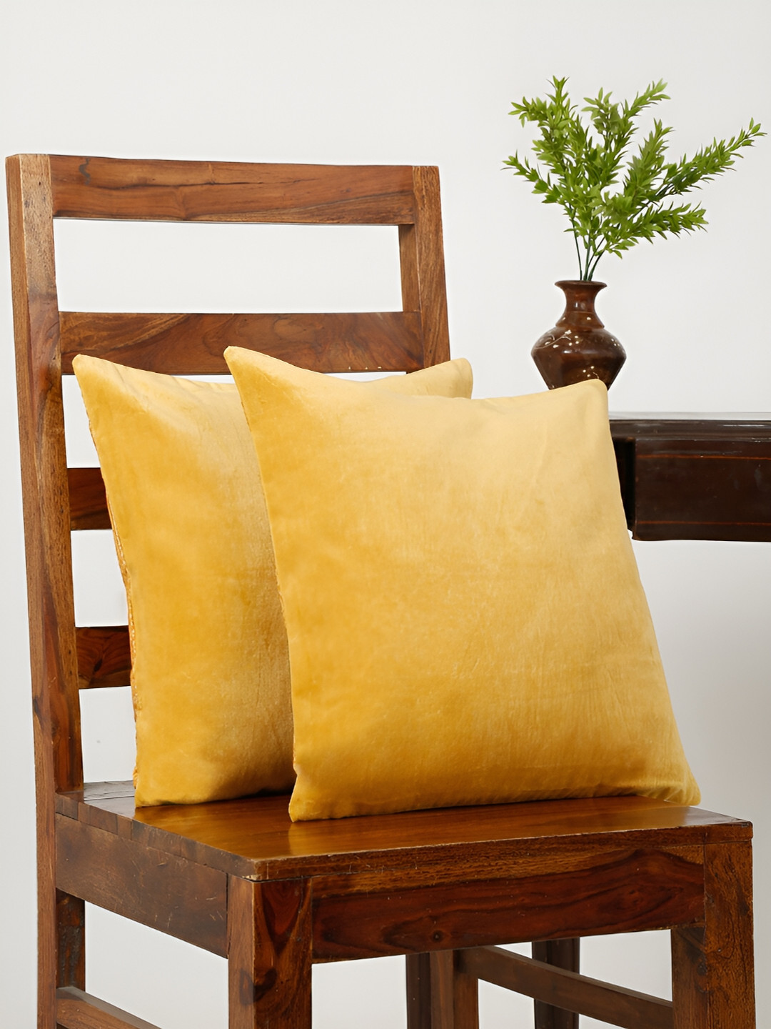 Aura Mustard Velvet Durable 2 Piece Square Cushion Covers -16x16In