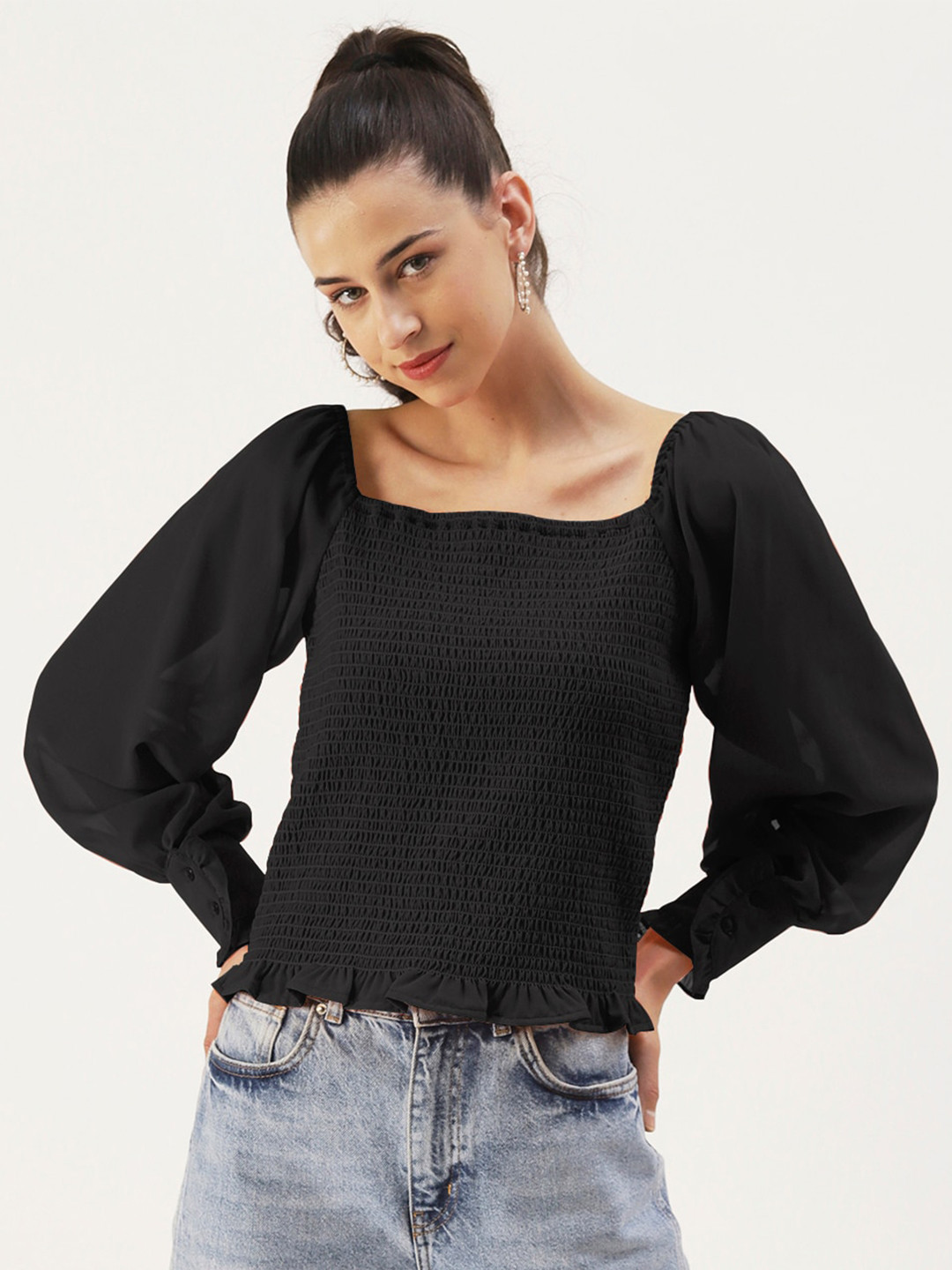 DressBerry Black Square Neck Long Cuffed Sleeves Regular Top