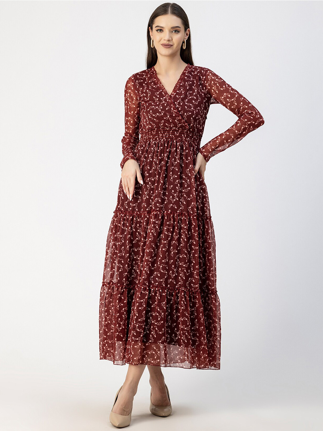 Moomaya Floral Printed Ruffles Chiffon Tiered Maxi Dress