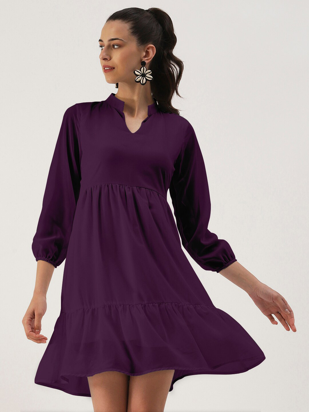 DressBerry Purple Georgette Mandarin Collar Puff Sleeve Empire Casual Dress