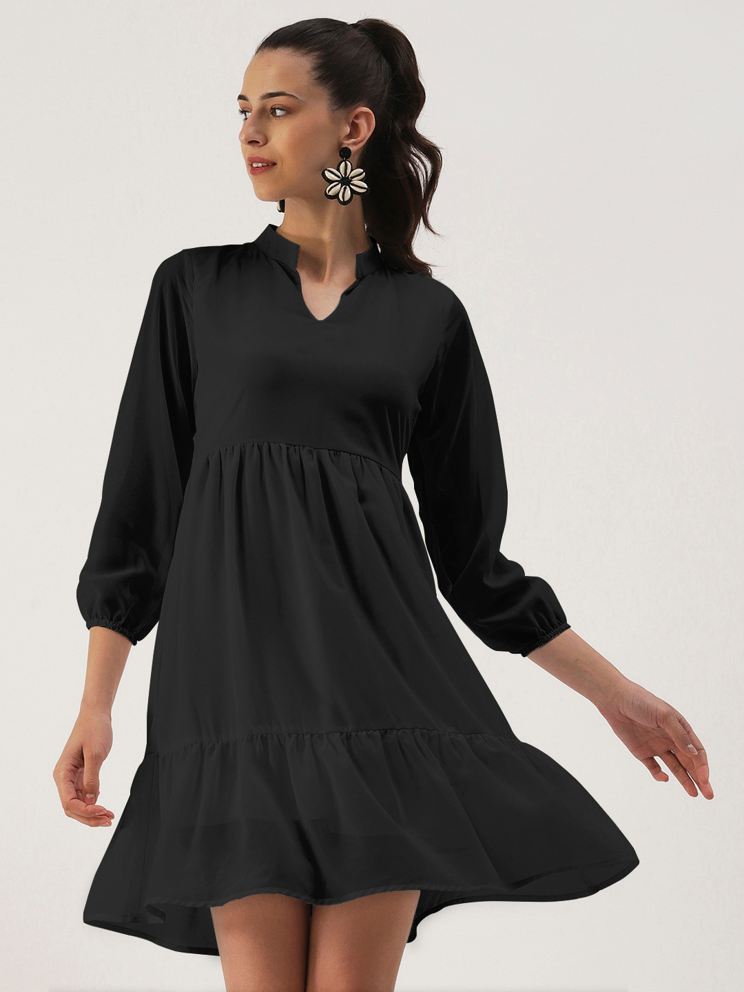 DressBerry Black Mandarin Collar Puff Sleeves Empire Dress