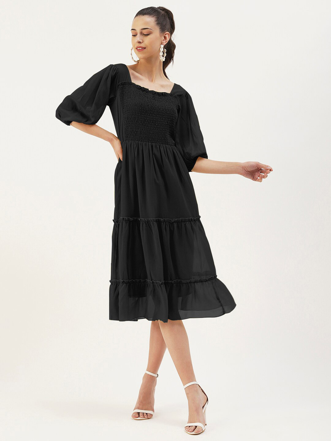 DressBerry Black Square Neck Puff Sleeves Smocked Fit & Flare Midi Dress