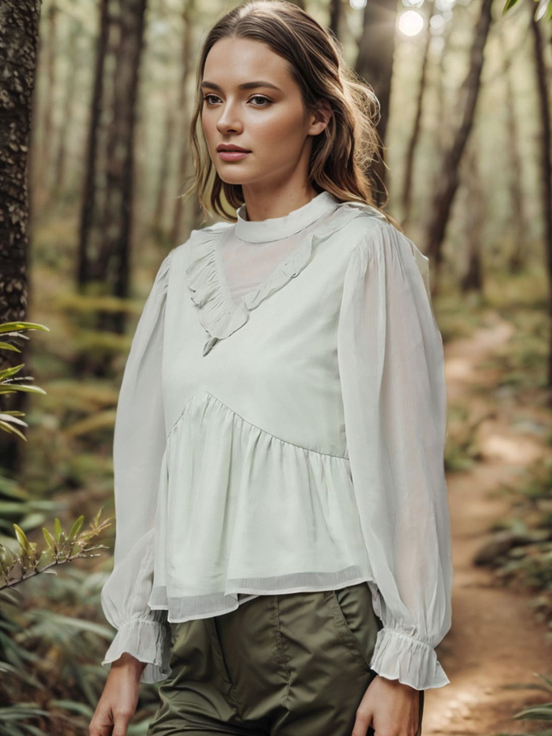 RARE White Round Neck long Cuffed Sleeves Ruffles Top