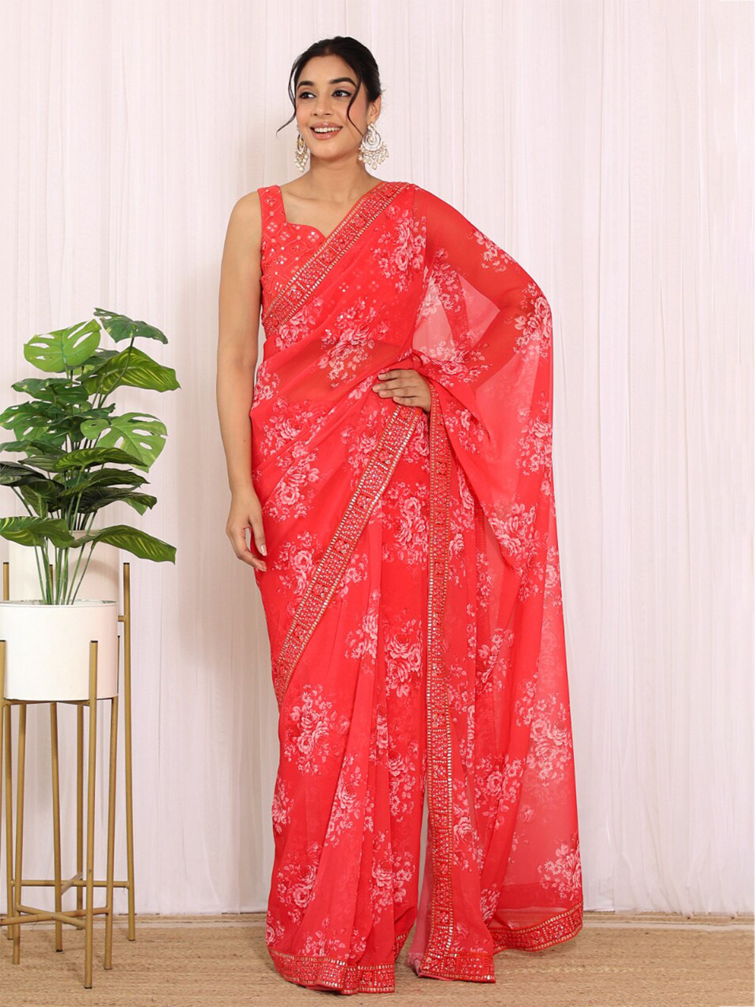 LABEL KANUPRIYA Floral Sequinned Poly Georgette Saree