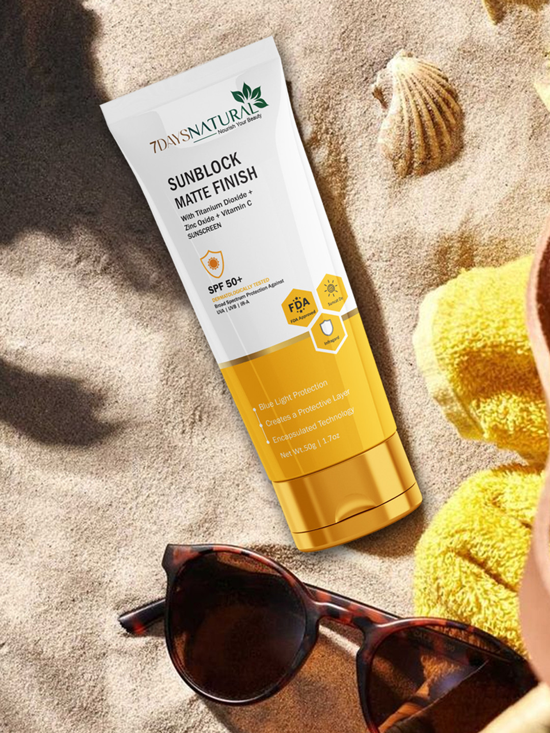 7DAYSNATURAL SPF50++ Sunblock Matte Finish Sunscreen Cream with Aloe Vera Leaf - 50 g