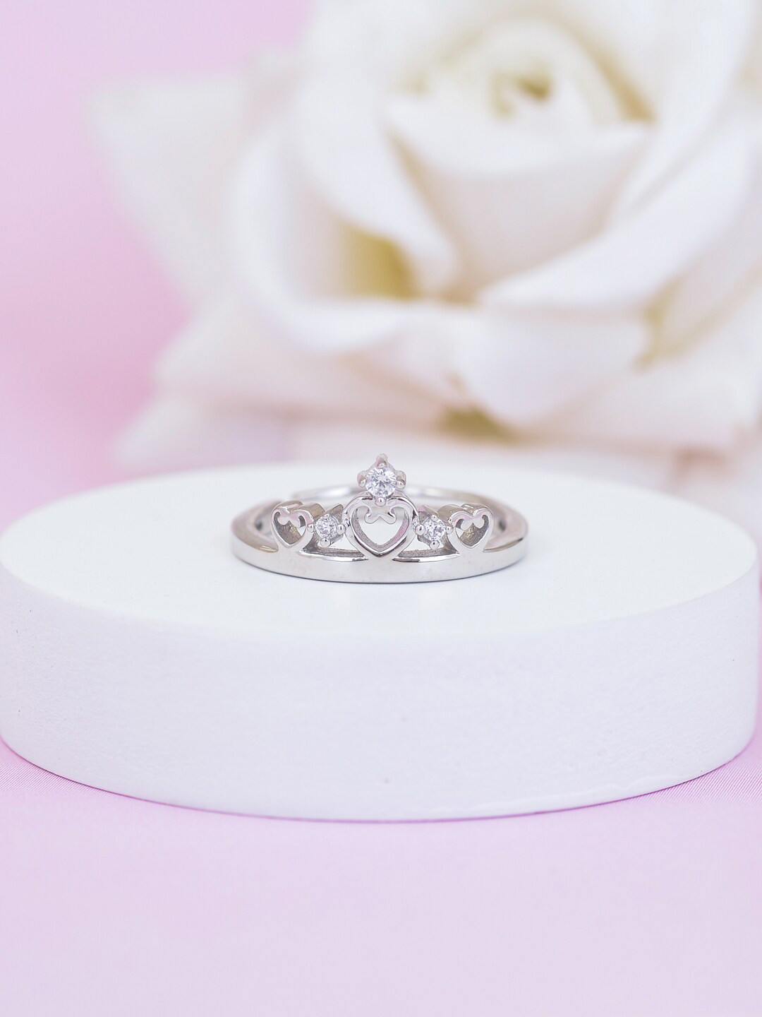 Ornate Jewels 925 Sterling Silver American Diamond Crown Tiara Adjustable Ring for Women