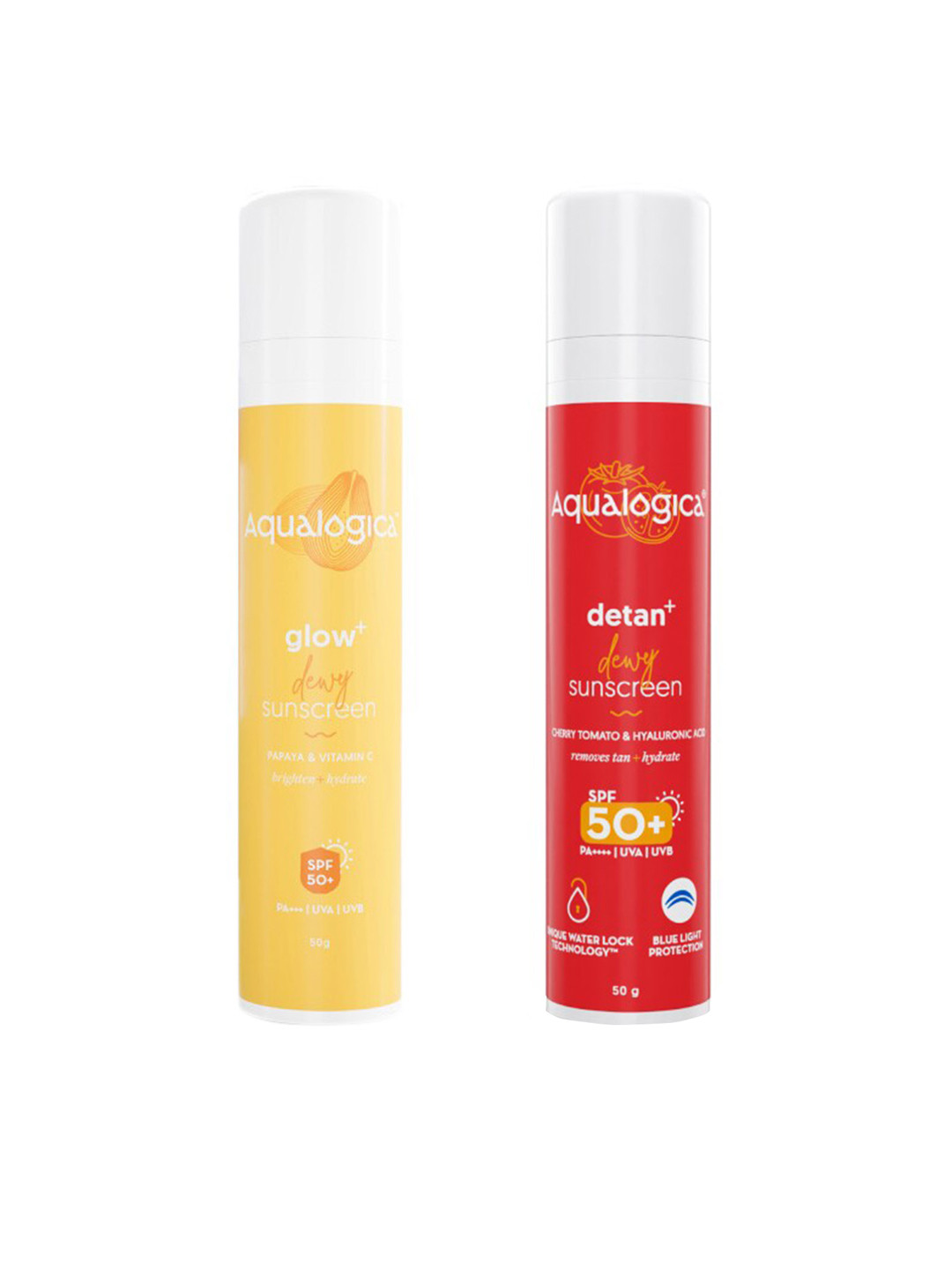 Aqualogica Set Of 2 Water Lock SPF 50+ Sunscreen - Glow+ Dewy & Detan+ Dewy - 50g Each