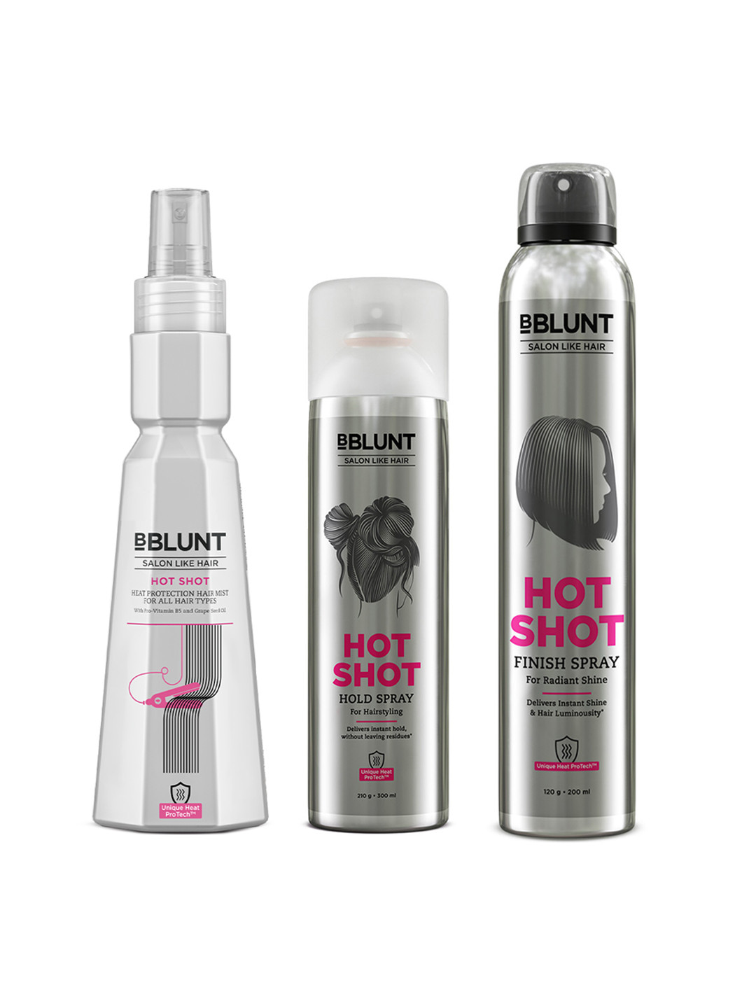 BBLUNT Hot Shot Set of Finish Hair Spray 200ml + Hold Hair Spray 300ml + Heat Mist 150ml