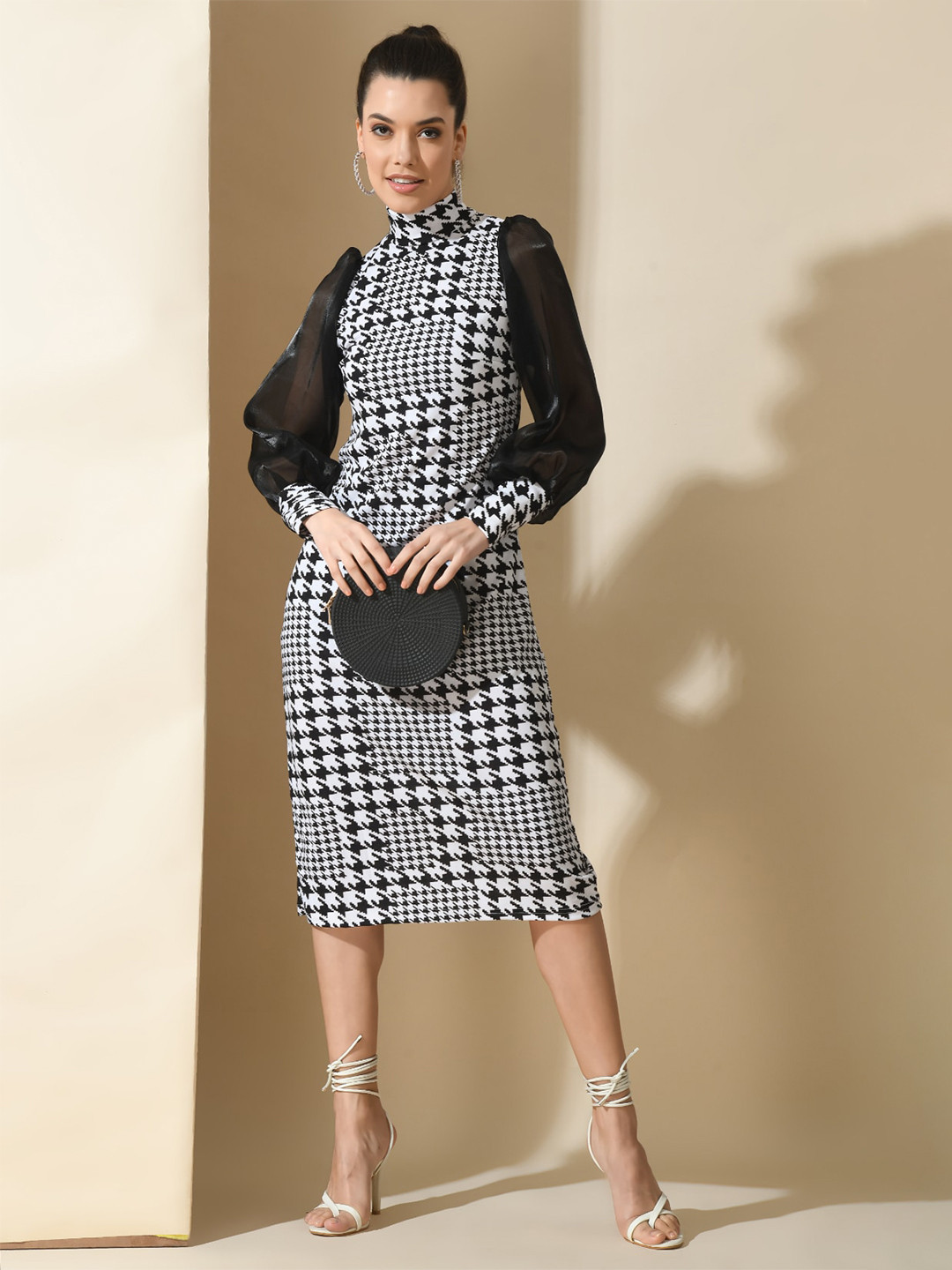 BAESD Abstract Self Design Bishop Sleeves Sheath Midi Dress