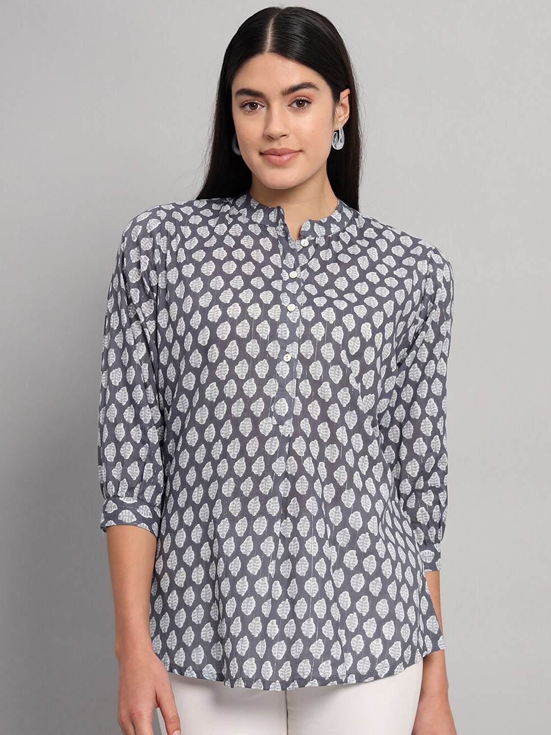HANDICRAFT PALACE Printed Mandarin Collar Cotton Shirt Style Top