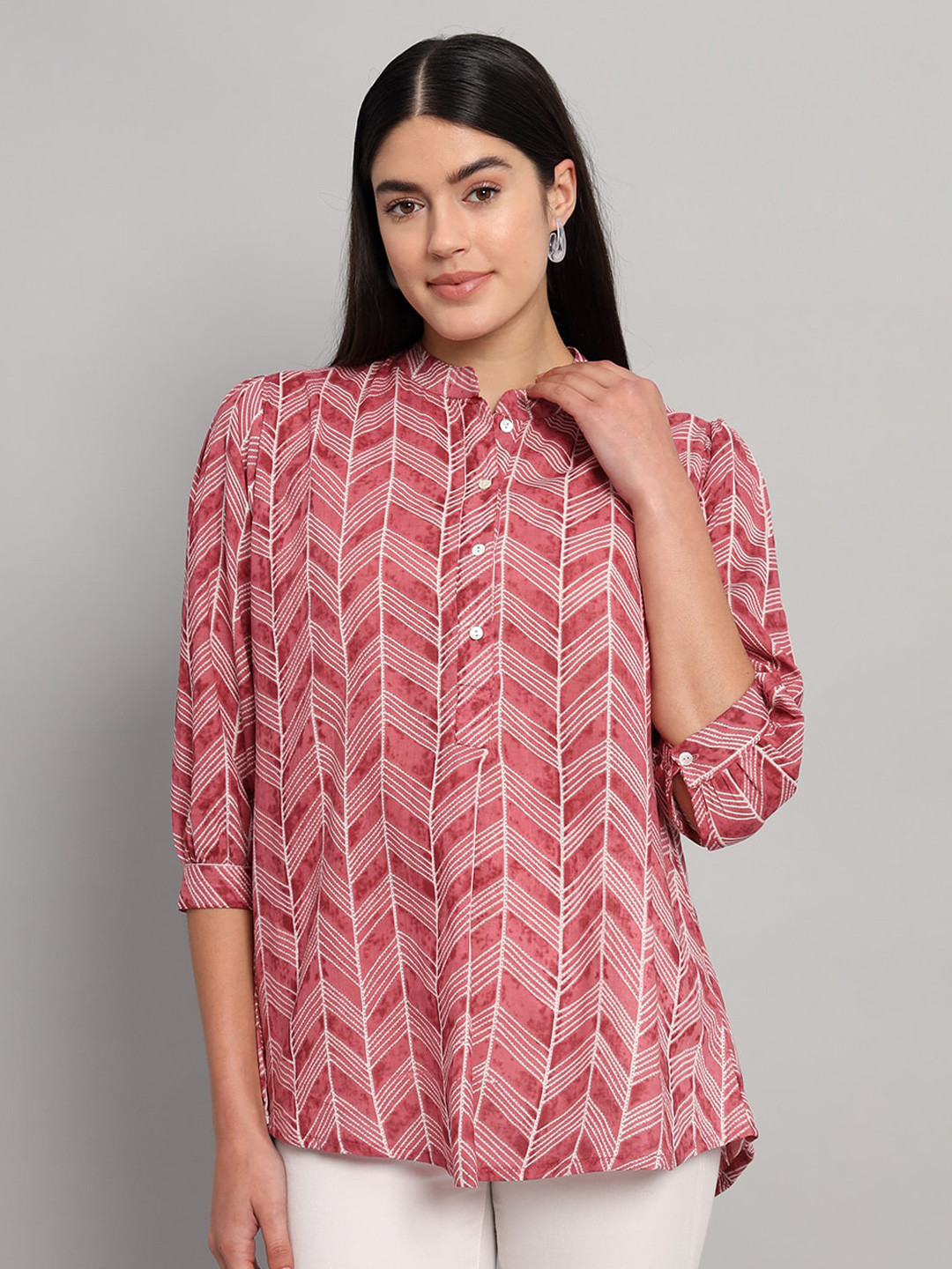 HANDICRAFT PALACE Geometric Print Mandarin Collar Cotton Shirt Style Top