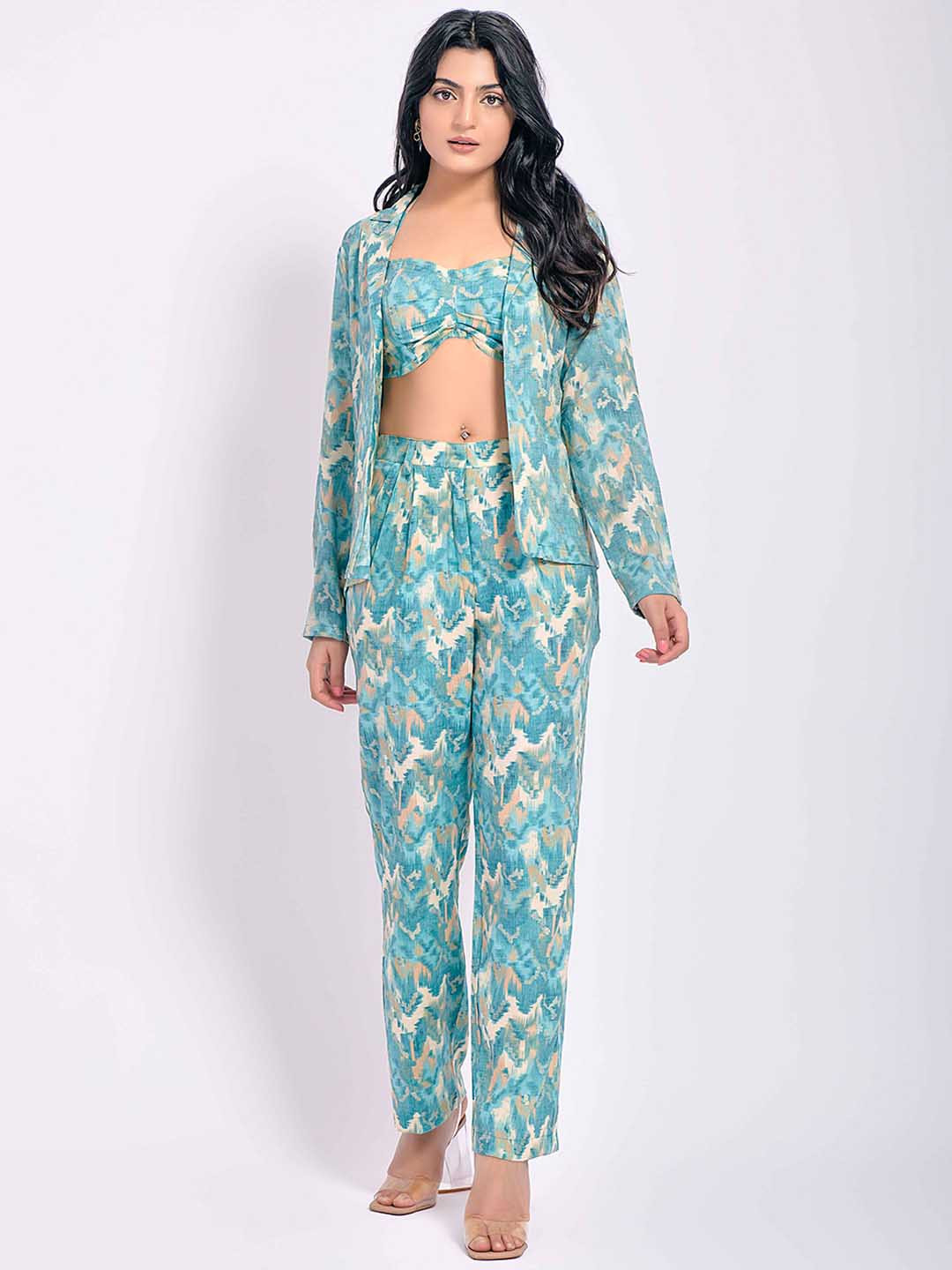 GARDEN PARTY Printed Halter Neck Top With Flared Trouser & Jacket Co-Ords
