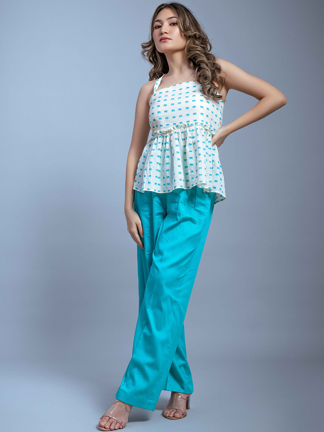 GARDEN PARTY Printed Shoulder Strap Top With Trouser Co-Ords