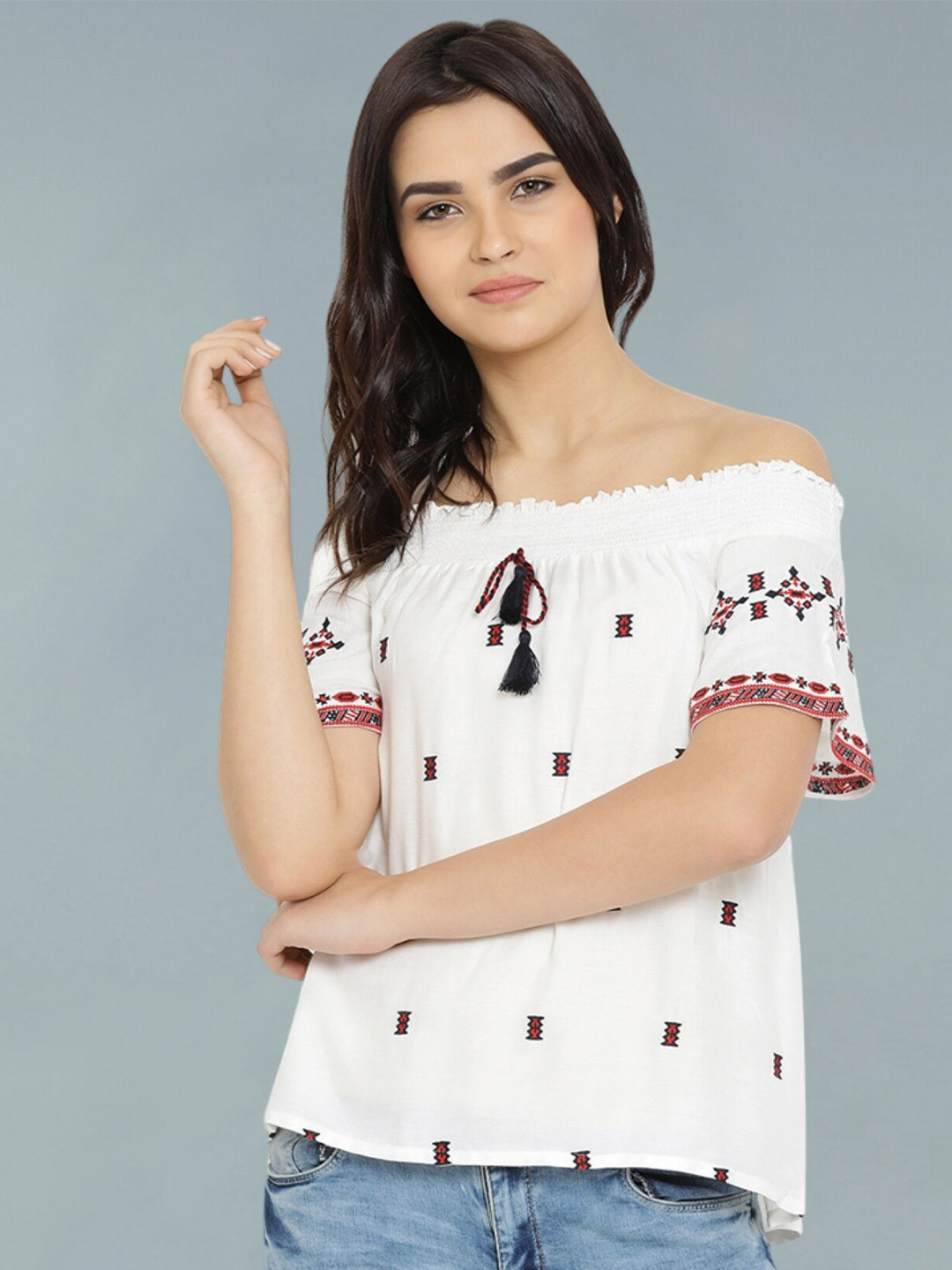 Moda Elementi Print Off-Shoulder Flared Sleeve Ethnic Bardot Top