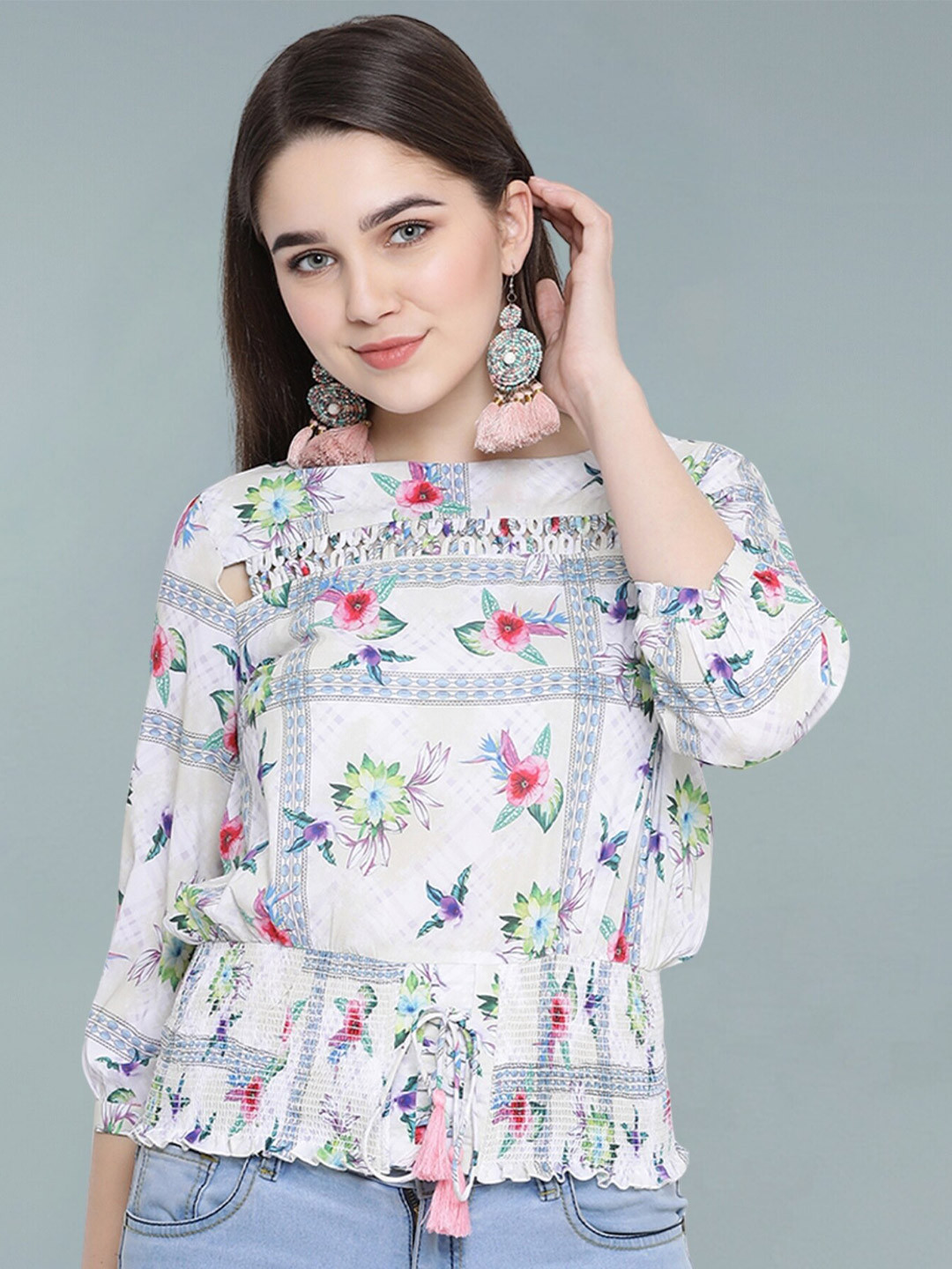 Moda Elementi Floral Print Puff Sleeve Cinched Waist Top