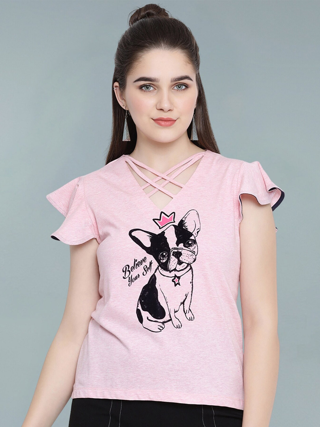 Moda Elementi Floral Print Flutter Sleeve Sheer Top